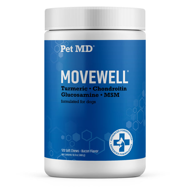 Pet MD MoveWELL Joint Supplement for Dogs With Glucosamine, Chondroitin, MSM, & Organic Turmeric - 120 Count