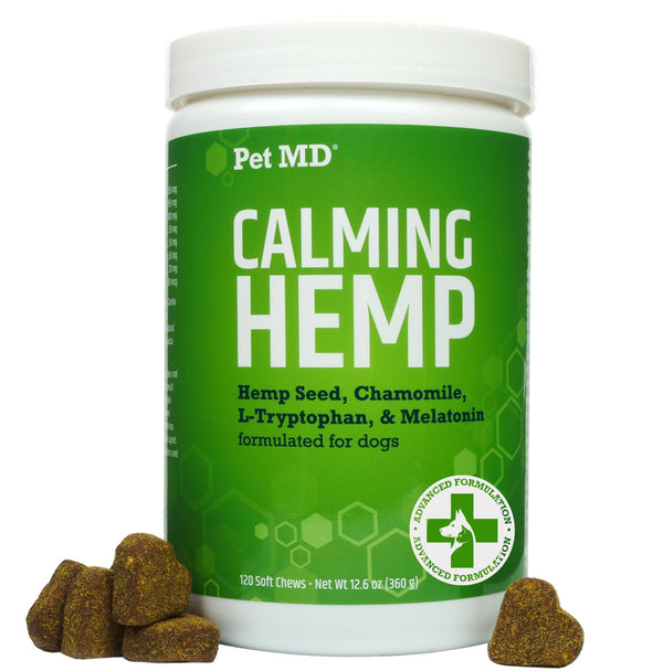 Pet MD Calming Hemp Soft Chews with Hemp Seed, Chamomile, L-Tryptophan, and Melatonin for Dogs - 120 Count