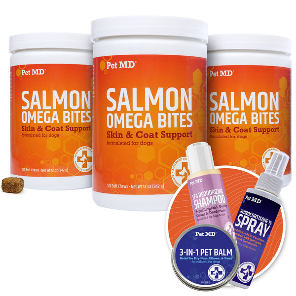 Bundle: 3 x Salmon Omega Bites 120 ct + Hydrocortisone Spray + 3in1 Balm + EFA Shampoo 2 oz Bonus