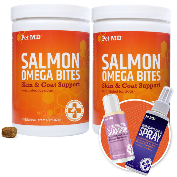 Bundle: 2 x Salmon Omega Bites 120 ct + Hydrocortisone Spray + EFA Shampoo 2oz Bonus